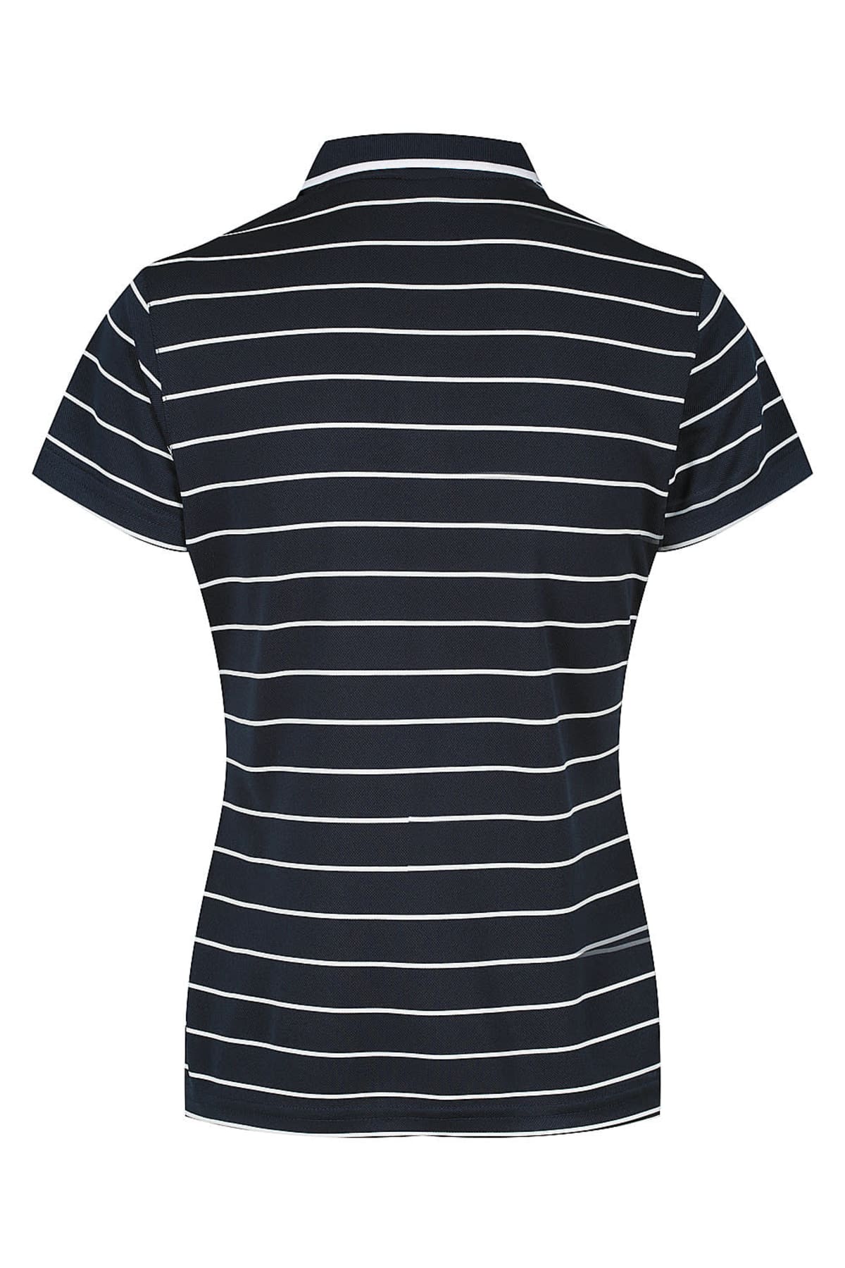 Back view of a navy blue polo shirt with white horizontal stripes.