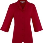 Red button-up blouse with three-quarter sleeves and a collar, displayed on a white background.