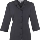 Black button-up blouse with three-quarter sleeves and a notched collar, displayed on white.