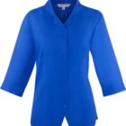 Bright blue button-up blouse with three-quarter sleeves and a notched collar.