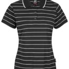 Black short-sleeve polo shirt with white horizontal stripes and a collar.