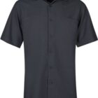Short-sleeve, button-up black shirt with a collar, shown on a white background.