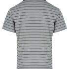Back view of a gray short-sleeve polo shirt with thin black horizontal stripes.