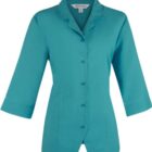 Teal button-up blouse with 3/4 sleeves and a notched collar, displayed on a white background.