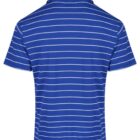 Back view of a blue polo shirt with white horizontal stripes.