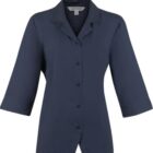 Navy blue button-up blouse with three-quarter sleeves and a notched collar.