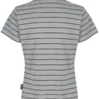 Gray short-sleeve polo shirt with thin horizontal black stripes, shown from the back.