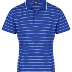 Blue short-sleeve polo shirt with white horizontal stripes and a collar.