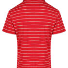 Red short-sleeve polo shirt with white horizontal stripes, shown from the back.