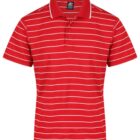 Red polo shirt with white horizontal stripes and a collar.