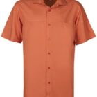 Short-sleeve, button-up orange shirt with a collar, shown on a white background.