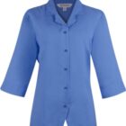 Light blue, button-up, three-quarter sleeve blouse with a collar.