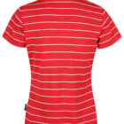 Red short-sleeve polo shirt with white horizontal stripes, shown from the back.