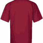 Back view of a short-sleeve, button-up maroon shirt on a plain background.