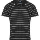 Black polo shirt with white horizontal stripes and a collar.