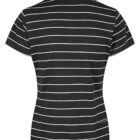 Back view of a black short-sleeve polo shirt with horizontal white stripes.