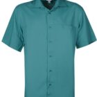 Teal short-sleeve button-up shirt with a collar, displayed on a white background.