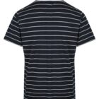 Back view of a navy blue polo shirt with white horizontal stripes.