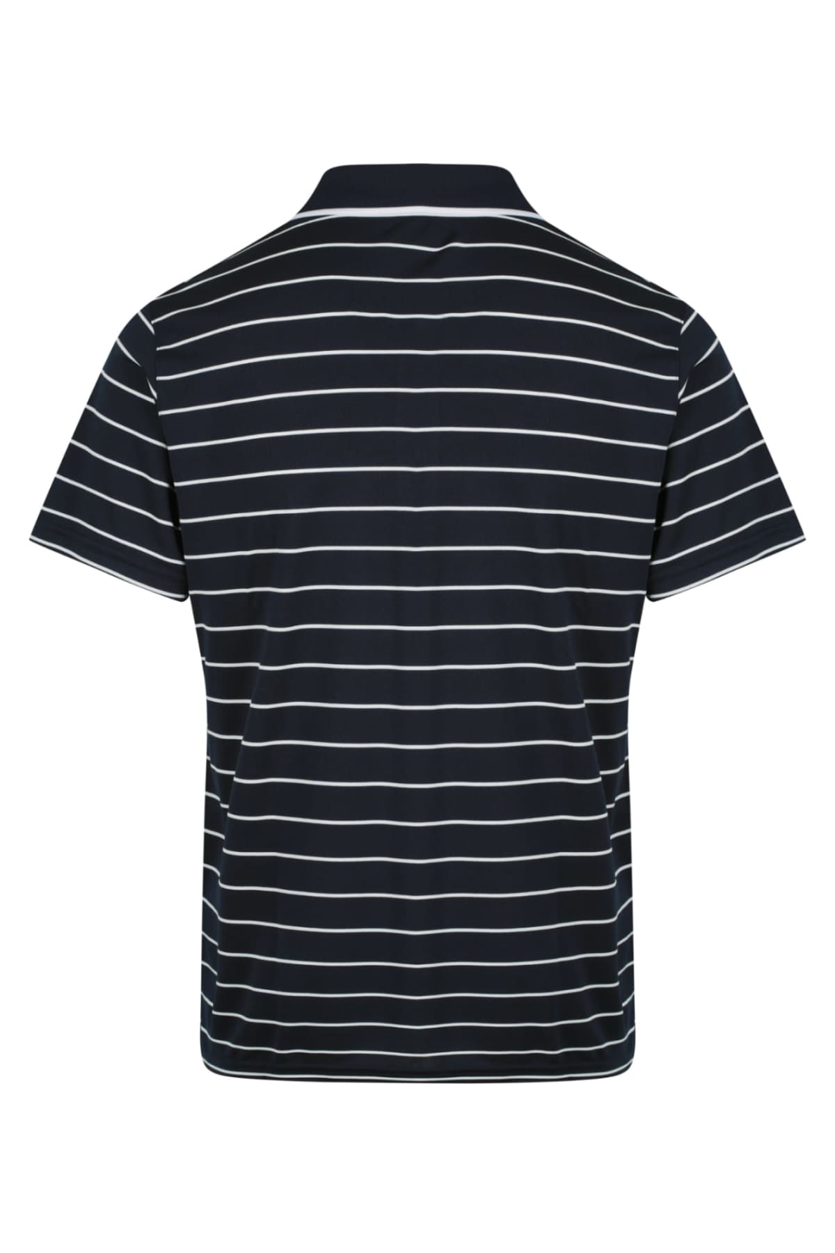 Back view of a navy blue polo shirt with white horizontal stripes.