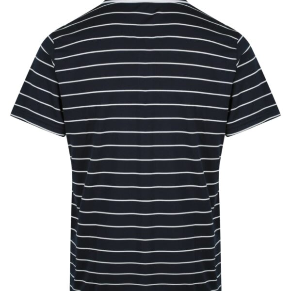 Back view of a navy blue polo shirt with white horizontal stripes.