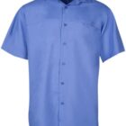 Light blue short-sleeve button-up shirt with a collar, displayed on a white background.