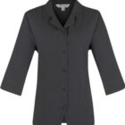 Black button-up shirt with three-quarter sleeves and a collar, displayed on a white background.