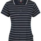 Navy blue polo shirt with white horizontal stripes and short sleeves.