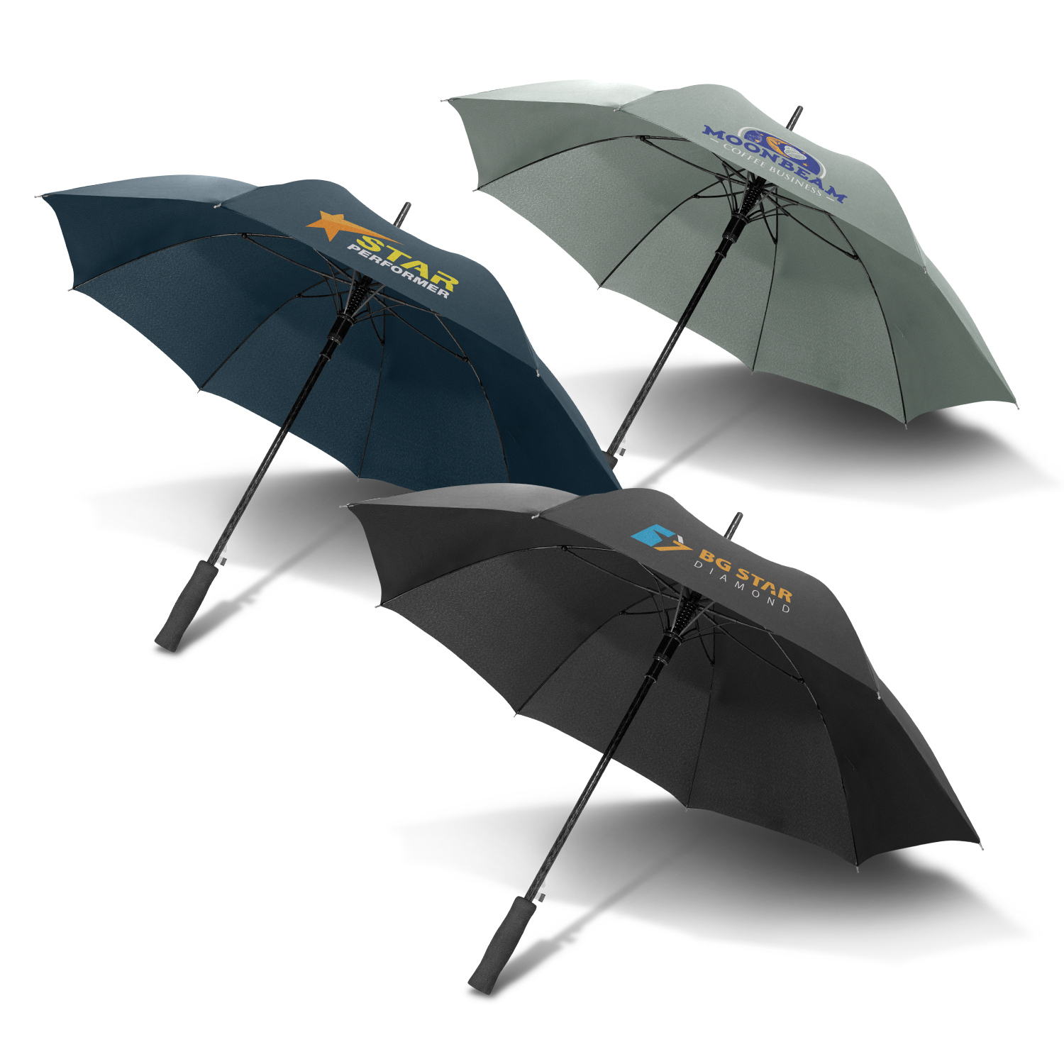 Three basics umbrellas with unique logos showcase a vibrant product selection on white background.
