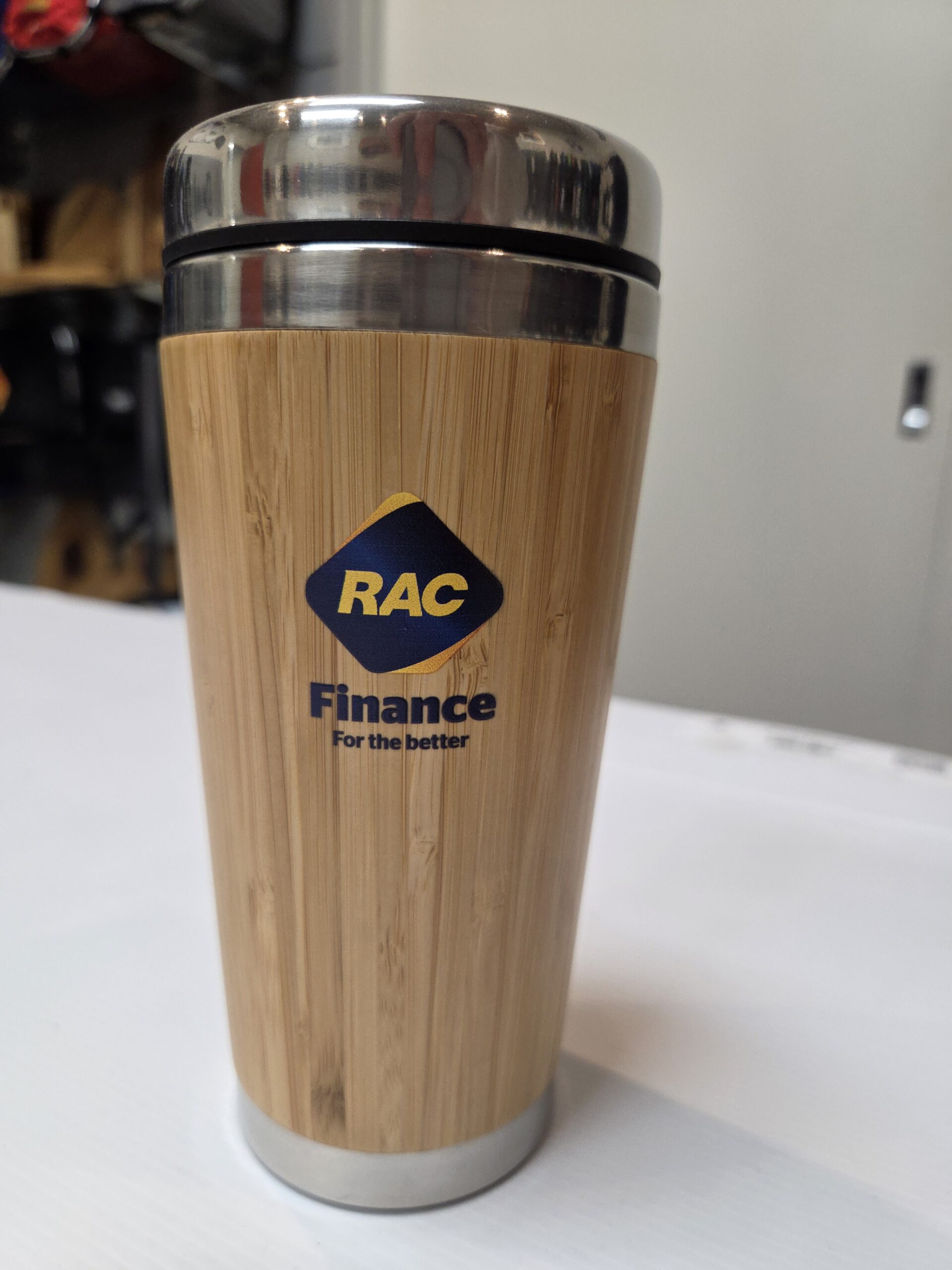 Bamboo Surface Thermal Mug with a logo printed onto it