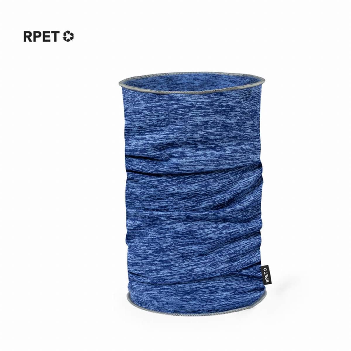 Blue tubular neck gaiter made from recycled material, with RPET logo in the top left corner.