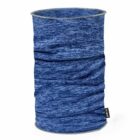 Blue tubular neck gaiter with a heathered pattern, standing upright on a white background.