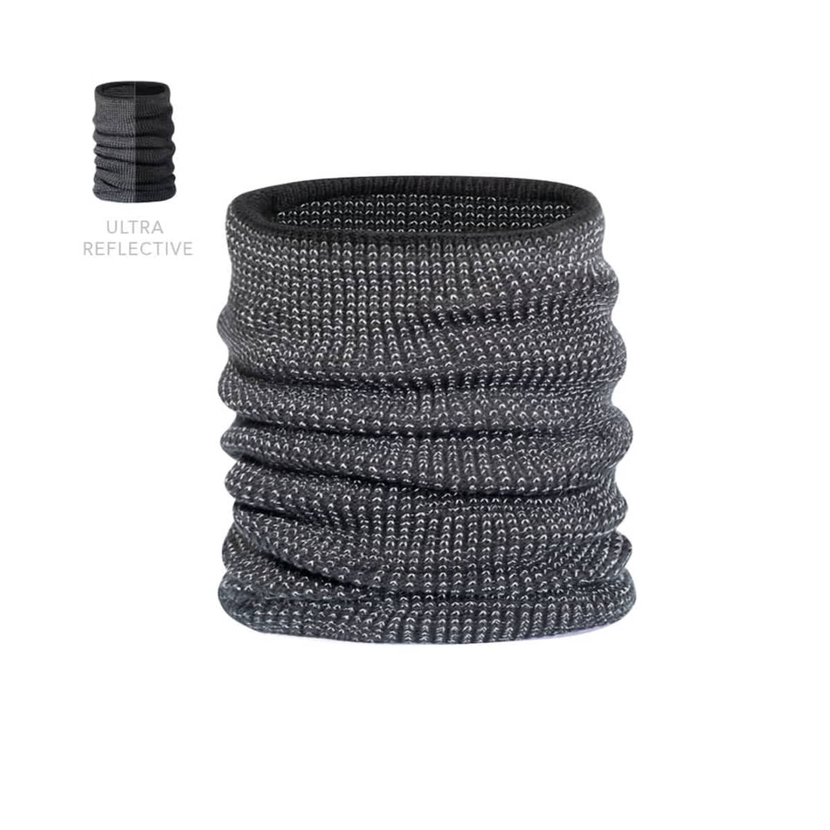 Gray, ribbed, tubular neck gaiter with ultra reflective detailing on a white background.