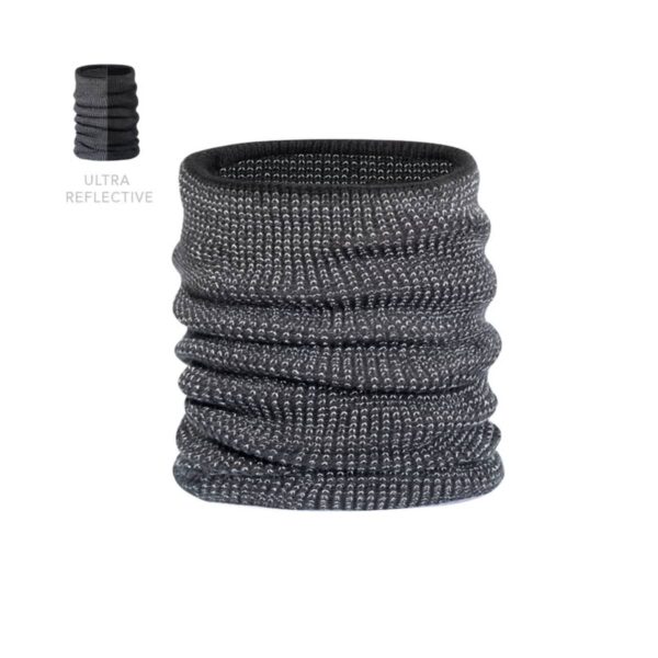 A gray, ultra-reflective, knit neck gaiter with a ribbed, textured design.