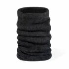 Black knitted neck warmer with a ribbed texture, standing upright on a white background.