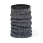 Knitted dark gray neck gaiter with a ribbed texture, standing upright.
