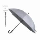 Gray automatic windproof umbrella with a curved black handle, shown open and closed.