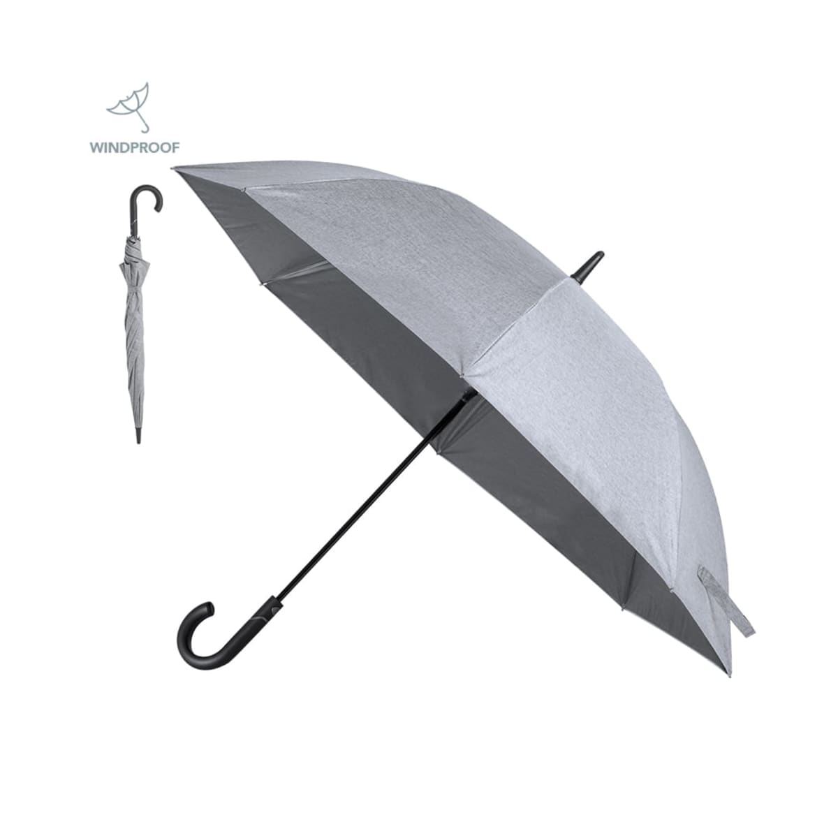 Gray windproof umbrella with a curved black handle, shown open and closed.