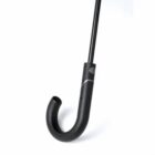 Black umbrella handle with a curved, J-shaped design on a white background.
