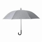 Gray umbrella with a black curved handle, open against a white background.