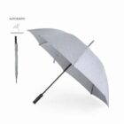 Open gray windproof umbrella with black handle, shown open and closed, labeled automatic.