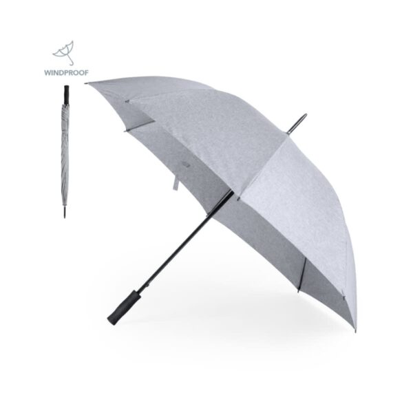 Large gray windproof umbrella, shown open and closed, with a black handle and shaft.