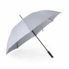 A large, gray umbrella with a black handle and pole on a white background.