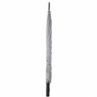 Closed gray umbrella with a black handle standing upright against a white background.