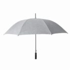 Gray umbrella with a straight black handle, opened and viewed from the front.