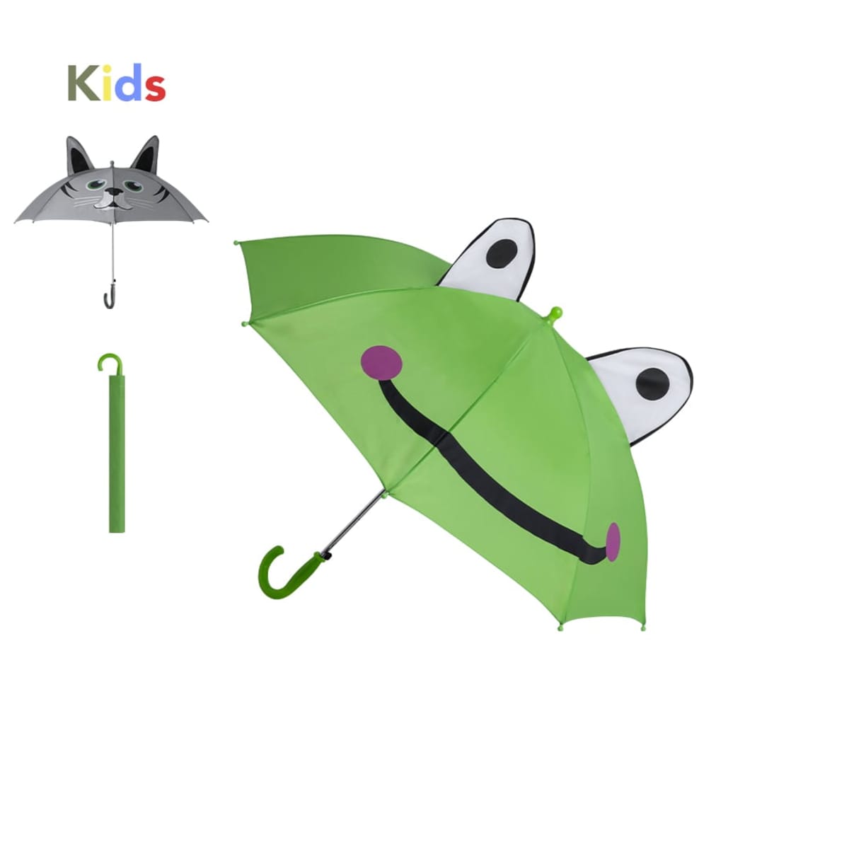 Green kids’ umbrella with a frog face and a small gray cat umbrella shown above.