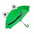 Green umbrella designed to look like a frog with eyes and a smiling face.