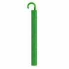 A closed green umbrella with a curved handle, standing upright.