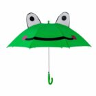 Green umbrella with a frog face, big eyes, and pink cheeks on a white background.