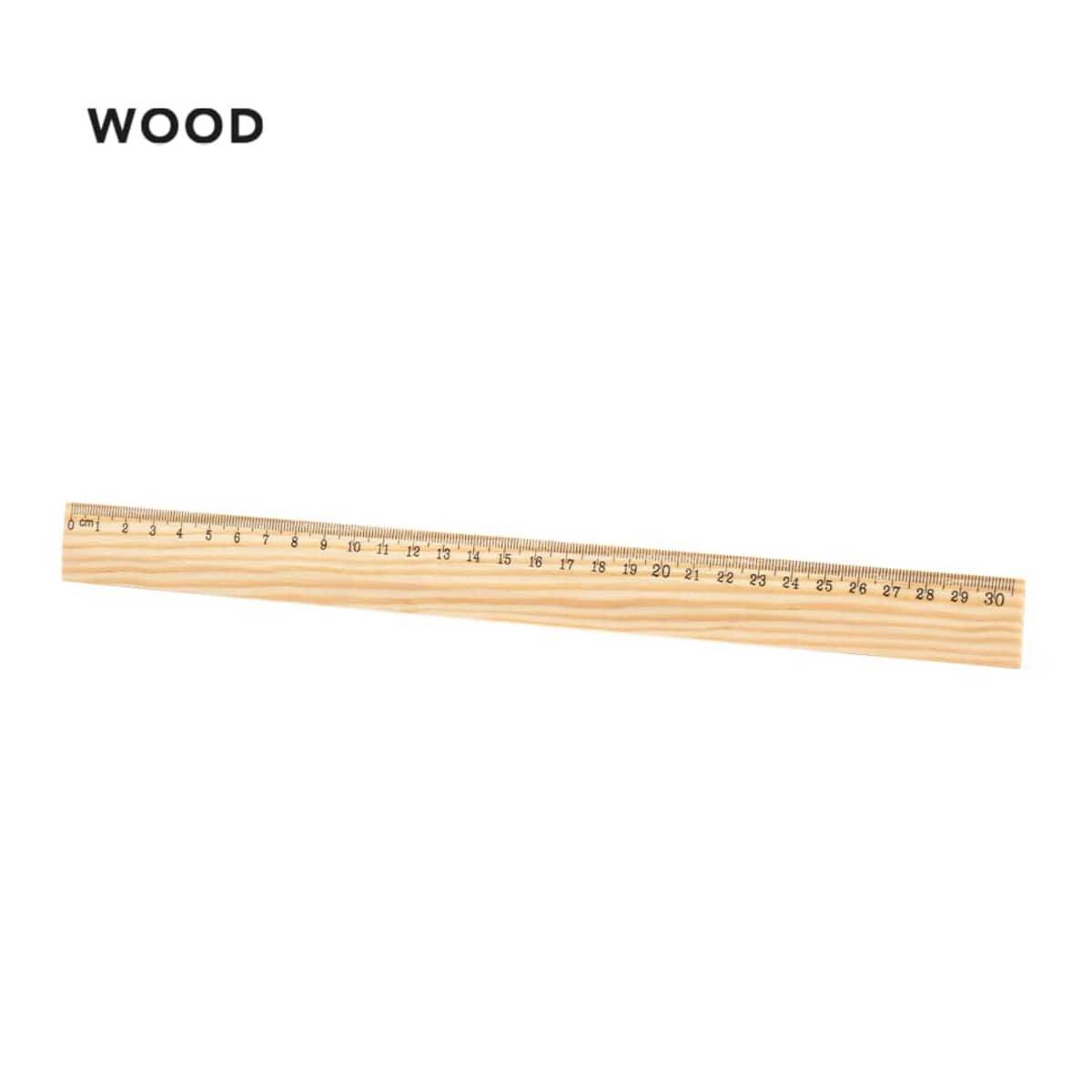 Wooden ruler with centimeter markings, labeled WOOD on a white background.