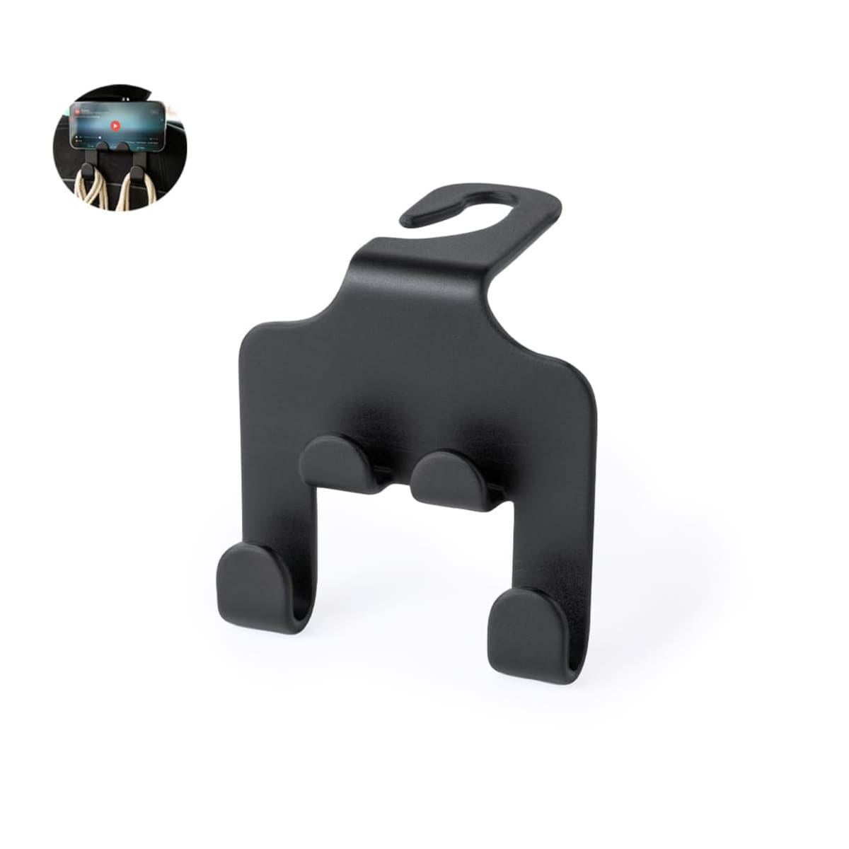 Black car seat headrest hook for hanging bags, shown with an example in use.